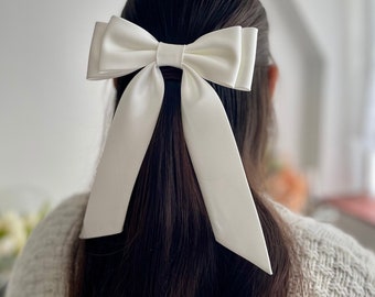 Ivory Bridal Bow White Satin Double Bow with Tail Slim Double Bow Minimalist Hen Party Bow for Wedding Bow with Elastic band Bow with Clip