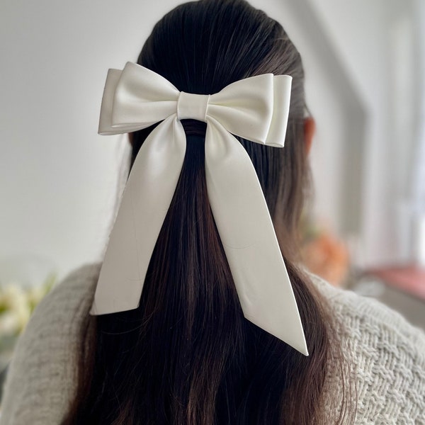 Ivory Bridal Bow White Satin Double Bow with Tail Slim Double Bow Minimalist Hen Party Bow for Wedding Bow with Elastic band Bow with Clip
