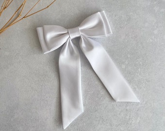 White Satin Hair Bow Bridal Bow Satin Double Ivory Bow with Tail Skinny Bow Woman Gift Bow For Hen Party White Bow for Wedding Ivory Bow