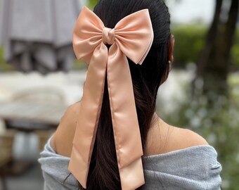 Peach Satin Double Bow Hair Accessory for Prom Night Bachelorette Party Bridesmaid Bow Salmon Pink Bow with Double Tail