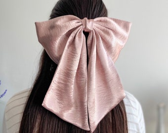 Oversized Satin Bow, Giant Dusty Peach Bow with Tail, Christmas Gift for Her, Big Bow with Barrette, Gift for Girl, Bow for Party