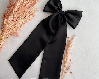 Black Bow Satin with Long Tail Big Black Bow with Barrette Gift for Girl Oversized Black Satin Hair Bow Bow for Party Statement Hair Bow