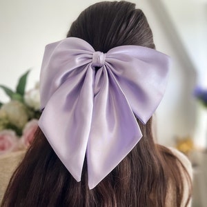 Lilac Purple Silk Satin Large Hair Bow, Luxurious Giant Bow, Oversized Bow with Tail, Big Bow with Barrette, Gift for Girl, Bow for Wedding
