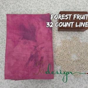 May include: A pink and purple linen fabric with the text "Forest Fruit 32 Count Linen" and a beige doily. A small wooden box is also present. The word "Jude" is embroidered on the fabric.