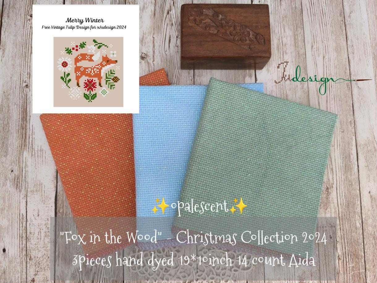 14 count opalescent Fox in the Woods - Christmas Collection hand dyed Aida 3 piece for cross stitch, hardanger, embroidery works 19x10inch