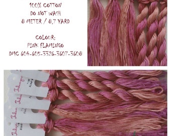 Hand painted matt cotton floss 'PINK FLAMINGO' hand dyed thread for embroidery, cross stitch, punto cruz, point de croix, blackwork