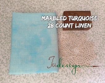 28 count MARBLED TURQUOISE hand dyed linen for cross stitch, hardanger, blackwork, embroidery works 19x27 inch