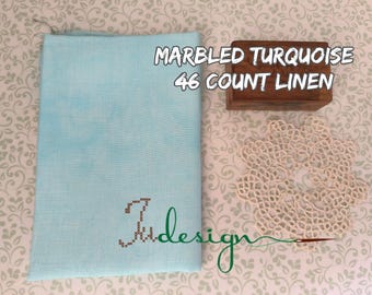 46 count MARBLED TURQUOISE hand dyed linen for cross stitch, hardanger, blackwork, embroidery works 19x29 inch