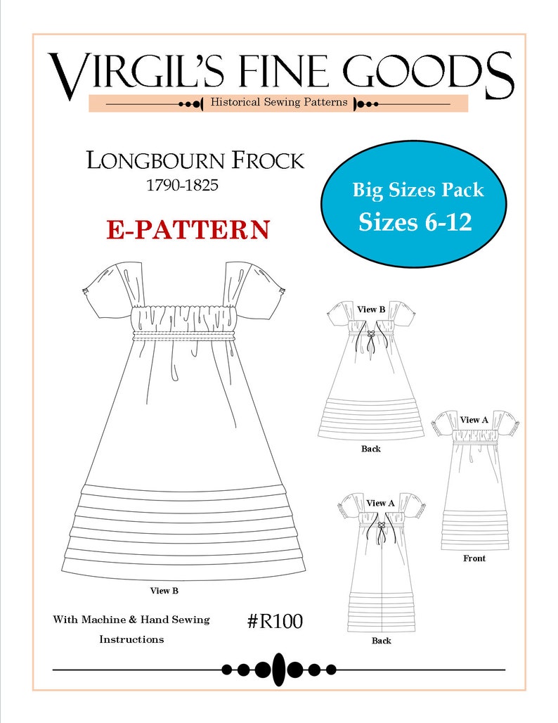 Longbourn Frock R100 Big Kids Sizes Pack E-PATTERN Download Historical Sewing Pattern Regency Children's Clothing image 2