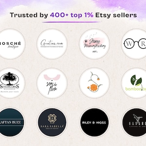 May include: A collage of 10 Etsy shop logos, each in a circle, featuring various designs and text. The logos include: ROSCH&Eacute; boutique, Guntina.com, Jane Memory Factory ART., (WR), STRONG OAKS WOODSHOP Reclaim your roots, som de flore, bamboo.bg, KAFTAN BUZZ, SARA SABELLA ISOLA D'ISCHIA, and RILEY & HIGGS. The text "Trusted by 400+ top 1% Etsy sellers" appears at the top of the image.