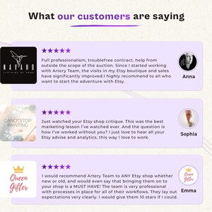 May include: Three customer testimonials with five-star ratings for an Etsy shop. The testimonials highlight the professionalism of the Etsy shop owner and the quality of their services. The first testimonial is from a customer named Anna, the second testimonial is from a customer named Sophia, and the third testimonial is from a customer named Emma.