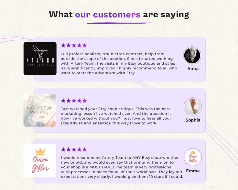 May include: Three customer testimonials with five-star ratings for an Etsy shop. The testimonials highlight the professionalism of the Etsy shop owner and the quality of their services. The first testimonial is from a customer named Anna, the second testimonial is from a customer named Sophia, and the third testimonial is from a customer named Emma.