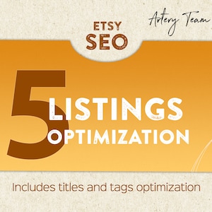 Peut inclure: Un graphique avec un fond dégradé jaune et orange. Le texte "Etsy SEO" est dans un encadré marron en haut de l'image. Le chiffre "5" est en grande police marron. Le texte "Optimisation des annonces" est en police blanche. Le texte "Comprend l'optimisation des titres et des tags" est en bas de l'image.