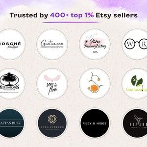 May include: Image showcasing logos of Etsy shops in circular designs. The text "Trusted by 400+ top 1% Etsy sellers" is at the top. Logos include "Rosch&eacute; boutique", "Guntina.com", "Jane Memory Factory", "WR", "Strong Oaks Woodshop", "son de flore", "bamboobg", "Kaftan Buzz", "Sara Sabella", "Riley & Higgs", and "Navaho".