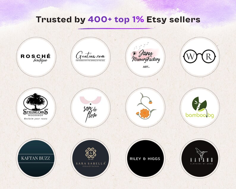 May include: Image showcasing logos of Etsy shops in circular designs. The text "Trusted by 400+ top 1% Etsy sellers" is at the top. Logos include "Rosch&eacute; boutique", "Guntina.com", "Jane Memory Factory", "WR", "Strong Oaks Woodshop", "son de flore", "bamboobg", "Kaftan Buzz", "Sara Sabella", "Riley & Higgs", and "Navaho".