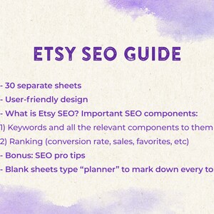 May include: A digital Etsy SEO guide titled "ETSY SEO GUIDE" in purple. The guide covers keywords, ranking, and SEO tips. The background features a watercolour design with purple hues and text about Etsy SEO.