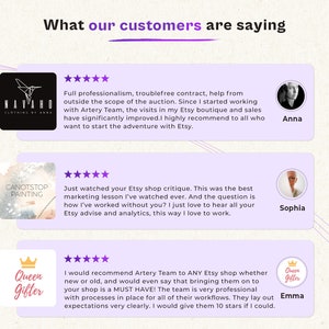 May include: Three customer testimonials with five-star ratings for an Etsy shop. The testimonials highlight the professionalism of the Etsy shop owner and the quality of their services. The first testimonial is from a customer named Anna, the second testimonial is from a customer named Sophia, and the third testimonial is from a customer named Emma.