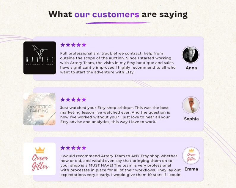 May include: Three customer testimonials with five-star ratings for an Etsy shop. The testimonials highlight the professionalism of the Etsy shop owner and the quality of their services. The first testimonial is from a customer named Anna, the second testimonial is from a customer named Sophia, and the third testimonial is from a customer named Emma.