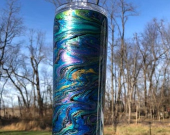 Shimmering Swirls of Jewel-tone Colors on a Black Background Sparkling Epoxy Resin Tumbler 30-ounce Stainless, Aqua, Teal, Turquoise, Purple