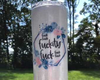 F-Bomb, Blue Pink Watercolor Flowers, White Sparkle Glitter, 30-ounce Skinny Tumbler, Beautiful Adulting Cup Adults, F*ck, Epoxy Resin, Navy