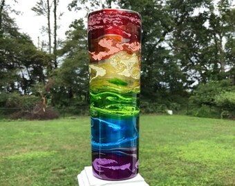 Rainbow Tumbler, Cup, 20-/30-ounce, Skinny, Stainless, Pride, Bridge, Summer, Swirls, Sparkles, Alcohol Inks, Epoxy Resin, With lid, straw