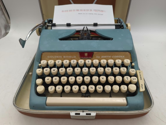 1960s Smith Corona Golden Shield Typewriter, Blue & Gold, With