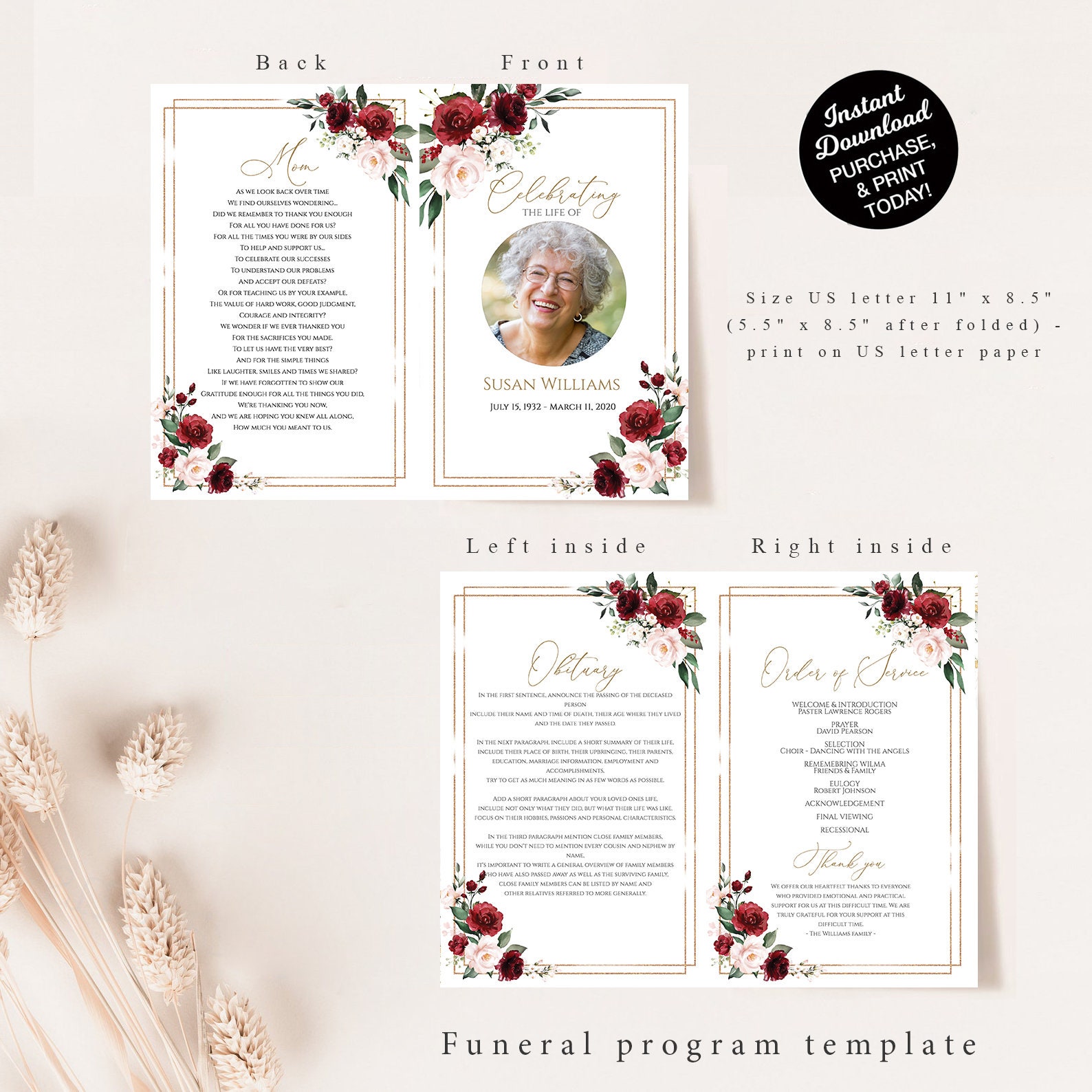 Editable Funeral Program Template, Memorial Service Template, Red and ...