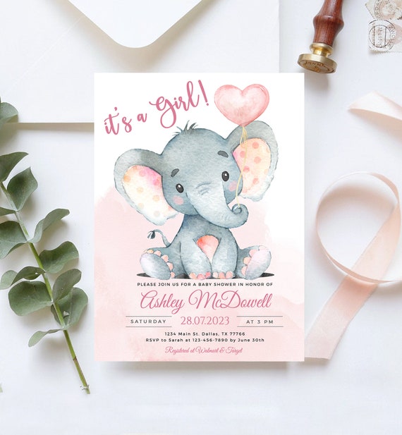 Pink And Gray Elephant Baby Shower Invitations