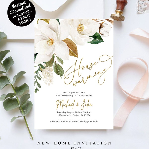 Housewarming Party Invitation, Magnolia Home Sweet Home House Warming Invitation, Editable Printable Digital Housewarming Invite Template