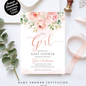 Blush Baby Shower Invitation Girl, Printable Girl Baby Shower Invitation it&#39;s a girl, EDITABLE, Template, Sweet Baby Girl, Floral
