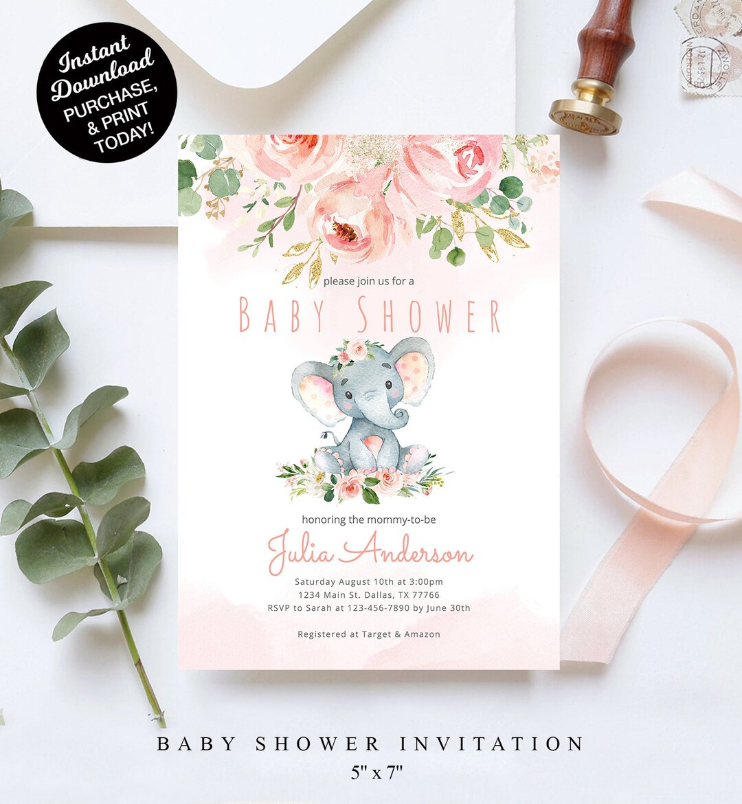 EDITABLE Blush Pink Rose Gold Elephant Baby Shower Invitation Girl Baby ...