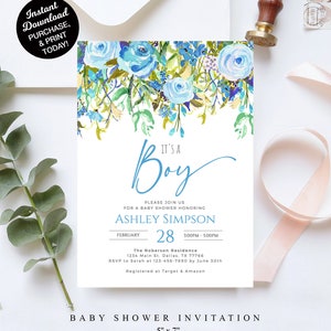 Baby Blue Boy Baby Shower Invite | Gingham-Babyparty-Einladungsbündel | Klassische Südstaaten-Babyparty | Sofort bearbeitbarer Download
