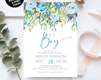 Baby Blue Boy Baby Shower Invite | Gingham Baby Shower Invitation Bundle | Classic Southern Baby Shower | Instant Editable Download