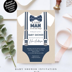 Little Man Baby-Dusche-Einladung Junge Navy Grau Fliege Hosenträger Baby-Dusche EDITIERBARE Einladung