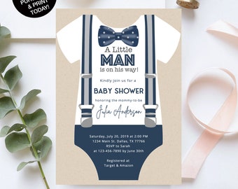 Little Man baby shower invitation Boy Navy Grey Bow Tie Suspenders Baby shower EDITABLE invitation