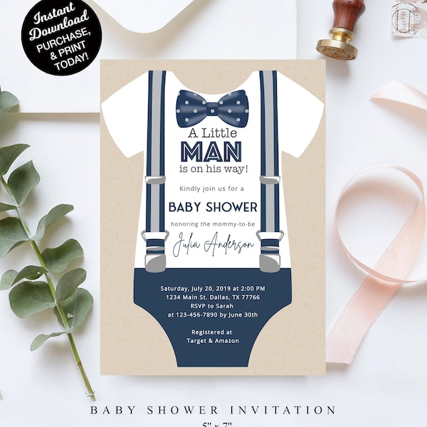 Little Man baby shower invitation Boy Navy Grey Bow Tie Suspenders Baby shower EDITABLE invitation