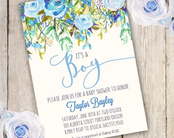 Whimsical Boy Baby Shower Invitation, Boy baby shower invite, baby shower, floral baby shower, watercolor baby shower invitation