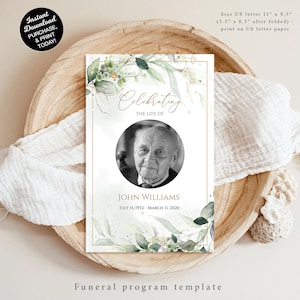 Editable Funeral Program Template, Memorial Service Template, Greenery and Gold Memorial Program, Order Of Service, Obituary Program