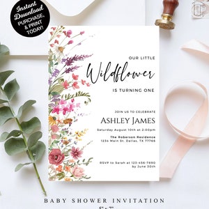 Wildflower 1st Birthday party invitation template, wildflower invitation, boho birthday invitation, first birthday flowers invitation