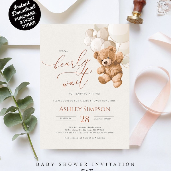 Bear Balloons Baby Shower Invitation Template, We Can Bearly Wait, Gender Neutral Baby Bear Invite, Printable Brown Shower Invite, Editable