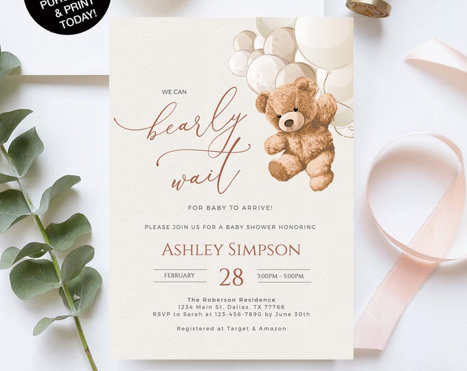 Bear Balloons Baby Shower Invitation Template, We Can Bearly Wait ...