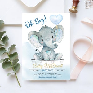 Elephant Baby Shower Invitation boy, editable blue balloon baby shower invitation download, printable invite template, boy Invitation