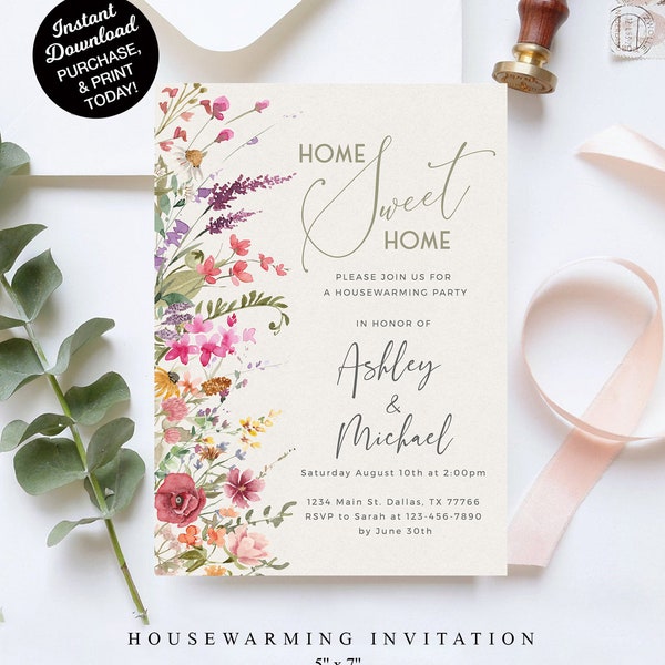 EDITABLE Housewarming Party Invitation - Rustic Housewarming Party Template -Wildflower Housewarming Invitation Home Sweet Home