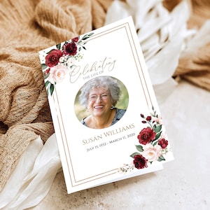 Editable Funeral Program Template, Memorial Service Template, Red and Gold Memorial Program, Order Of Service, Obituary Program