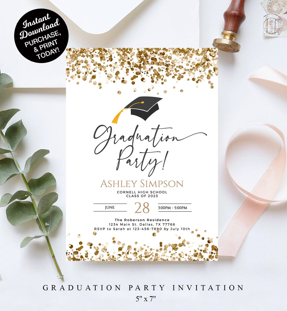 Confetti Graduation Party Invitation Template, Printable Modern ...