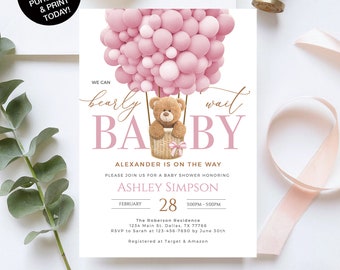 Editable Teddy Bear Hot Air Balloon Bear Theme Baby Shower Invitation We Can Bearly Wait Invites Template Instant Download It's a Gril Pink