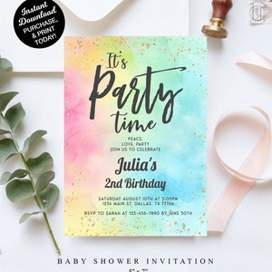 EDITABLE, Rainbow Birthday Invitation, Any Age, Watercolor, Rainbow Party, Digital Download, Colorful Rainbow Girl&#39;s Party, Glitter party