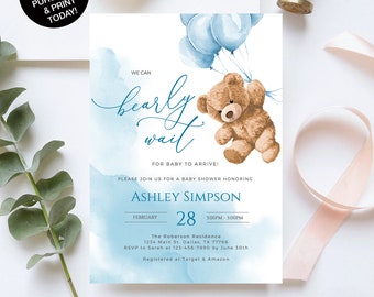 Editable Teddy Bear Hot Air Balloon Bear Theme Baby Shower Invitation We Can Bearly Wait Invites Template Instant Download