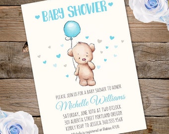 Teddy Bear Baby Shower Invitation Baby Shower invitation Baby Boy Teddy Bear brown Blue Grey Gray Teddy bear shower Digital PRINTABLE tbs