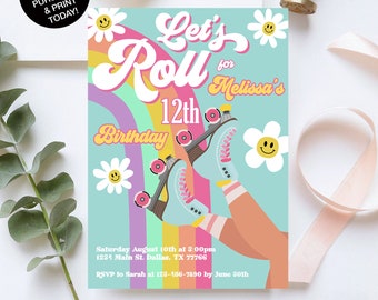 Editable ANY AGE Let's Roll Retro Groovy Roller Skate Birthday Party Invitation Daisy Rainbow Birthday Invite Instant Download